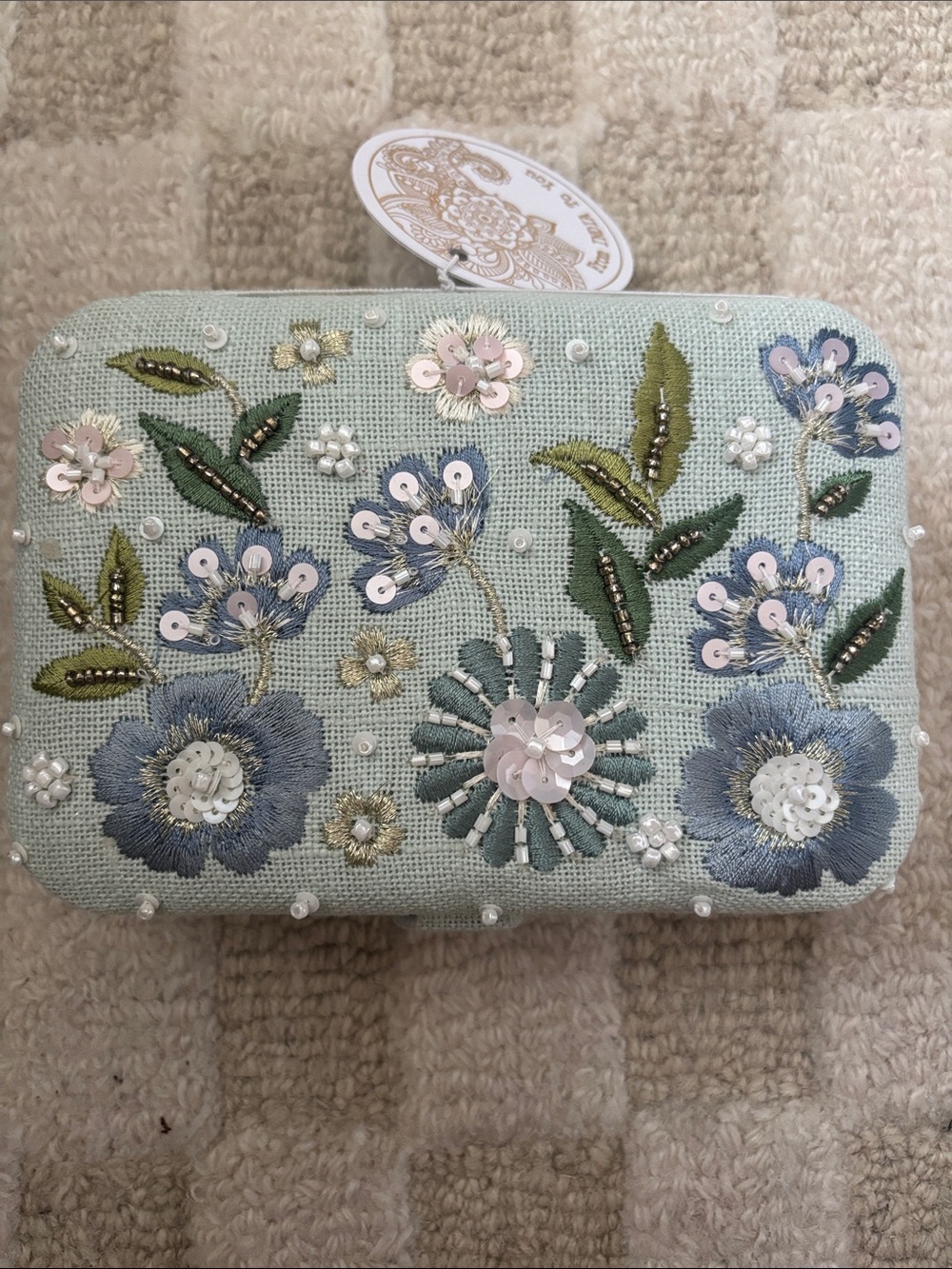 Embroidered Floral Beaded Jewelry Box in Light Mint